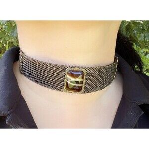 Vintage Wide Mesh Choker Necklace Victorian Revival Brown Glass Cab Statement